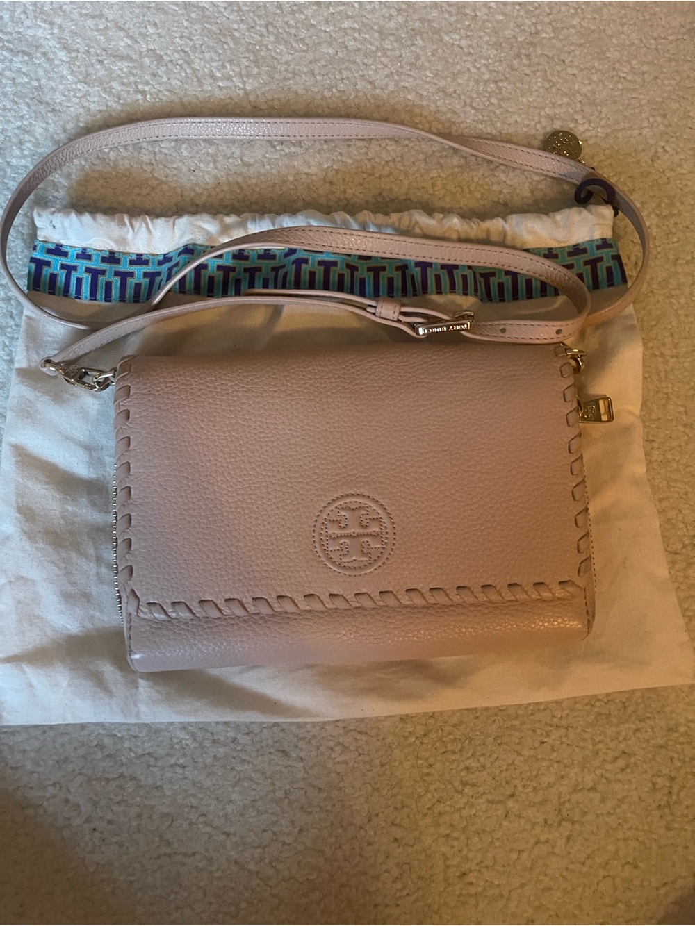 Tory Burch Blush Pebbled Leather Whipstitch Crossbody
